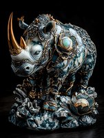 Ornate rhinoceros figurine with intricate metallic copper and turquoise details, featuring decorative swirls and floral elements against dark background on stone base.