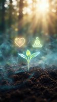 Young seedling sprouting from soil with glowing heart and meditation symbols, representing spiritual growth, wellness, and mindfulness in nature for healing and personal development.
