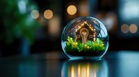 Miniature glowing house inside glass sphere with green moss, magical bokeh background creates dreamy atmosphere. Creative home decoration concept.