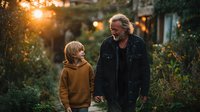 Grandfather and grandson walking together in garden during golden hour sunset, intergenerational bonding moment with warm lighting and natural outdoor setting.