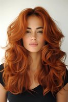 Young woman with vibrant copper red wavy hair styled in voluminous curls against light background, wearing black top. Natural makeup and modern beauty look.