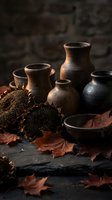 Rustic clay pottery collection with dried sunflowers and autumn leaves on wooden surface against stone wall background for seasonal home decor.