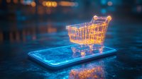 Glowing neon shopping cart floating above smartphone screen in dark blue environment, representing digital commerce and mobile shopping technology.