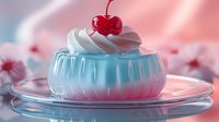 Colorful gradient jelly dessert with whipped cream and cherry on top, served on glass plate. Sweet treat for celebrations and special occasions.