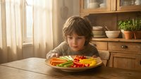 Young boy with curly hair sitting at wooden table looking at colorful plate of fresh vegetables in warm kitchen setting with natural lighting.