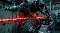 Industrial steel rolling mill machinery with glowing hot metal bar in manufacturing facility. Heavy duty equipment for metalworking and steel production processes.