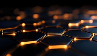 Glowing golden hexagonal molecular structure on dark background with selective focus and depth of field, scientific concept visualization.