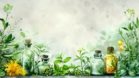 Vintage glass bottles with herbs, flowers and essential oils arranged with fresh green plants and yellow blooms against watercolor background. Great for wellness design.