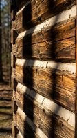 Weathered log cabin wall with chinking mortar between aged wooden logs showing rustic construction details and natural wood grain texture.