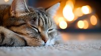 Peaceful tabby cat sleeping on soft carpet with warm bokeh lights creating cozy atmosphere for home comfort and relaxation concepts.