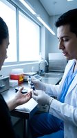 Male doctor in white coat administering injection to patient in modern medical clinic laboratory setting with natural window lighting.