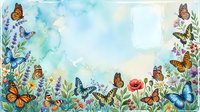 Watercolor spring garden frame with colorful butterflies and wildflowers on soft blue sky background for greeting cards and nature designs.