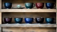 Ceramic coffee cups and bowls in deep blue, burgundy, and teal colors arranged on rustic wooden shelves, with small succulent plant decoration, creating cozy home atmosphere.