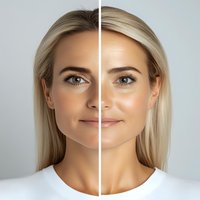 Before and after comparison showing skin transformation with makeup and cosmetic procedures on young Caucasian woman with blonde hair against gray background.