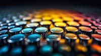 Colorful mechanical keyboard keys in dramatic lighting with blue, yellow and red gradient, close-up macro photography showing textured keycaps with liquid drops effect.