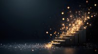Glowing golden stairs ascending in dark space with magical light particles and bokeh effects creating mystical atmospheric scene for fantasy backgrounds.