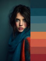 Young woman with blue eyes wearing colorful knitted sweater, moody portrait with color palette swatches for design projects and branding materials.