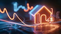 Glowing neon house icon with dollar symbol and financial graph lines on dark background, modern real estate market visualization for business presentations.