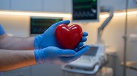 Doctor in blue latex gloves holding a red heart in a hospital room with medical equipment in the background.