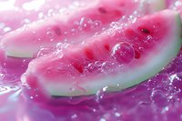 Fresh watermelon slice with water droplets and bubbles, showcasing juicy red flesh and green rind in extreme close-up macro photography.