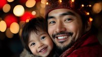 Young Asian father and child smiling together against blurred Christmas lights background, wearing winter accessories, capturing genuine joy and holiday spirit.
