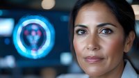Professional Middle Eastern businesswoman with futuristic holographic interface technology in modern office environment for corporate innovation concepts.
