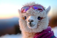 Adorable white alpaca wearing pink sunglasses and purple scarf against sunset sky background, close-up portrait showing fluffy fur and gentle expression.