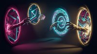 Mystical glowing portals with neon energy rings creating magical gateway connection in dark space for fantasy gaming and sci-fi design projects.
