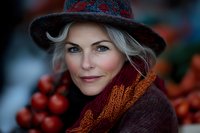Mature woman with silver hair wearing burgundy hat and knitted scarf smiling warmly at camera. Natural autumn setting with red berries in background creates seasonal mood.