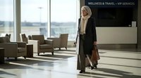 Professional blonde businesswoman in black suit walking through modern airport terminal with leather bag, business travel and corporate lifestyle.