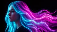 Young woman with flowing neon hair in vibrant blue and purple colors against black background. Digital art concept for futuristic fashion and beauty designs.