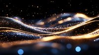 Abstract flowing waves of golden and white light with sparkling particles against dark background create magical atmospheric effect for luxury designs.