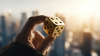 Golden dice held between fingers against blurred city skyline at sunset, symbolizing business risk, chance, and strategic decision-making in urban environment.