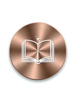 Copper metallic circular button with open book icon and sparkle symbol for education apps, learning platforms, and digital library interfaces.