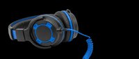 Black and blue gaming headphones with coiled cable isolated on transparent background, ready for t-shirt design, clipart, stickers, and print-on-demand products.