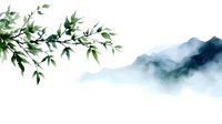 Delicate bamboo leaves branch extends over misty mountain landscape in traditional Asian watercolor style, creating serene minimalist composition.