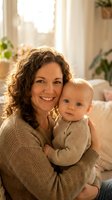 Happy Caucasian mother with curly brown hair holding adorable baby in cozy knit sweaters at home with warm natural lighting and plants in background.