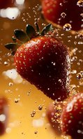 Fresh ripe strawberry with water drops splashing around on warm golden background with bokeh lights, macro food photography for advertising.