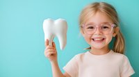Cheerful young girl with blonde pigtails and glasses holding large white tooth model against turquoise background, demonstrating dental health and oral hygiene concept.