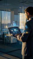 Professional businessman using laptop with cybersecurity holographic interface displaying global network protection and digital locks in modern office.