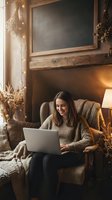 Young woman working on laptop in cozy autumn living room with fireplace, warm lighting and rustic decor for remote work and seasonal lifestyle.
