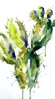 Watercolor painting of a vibrant green cactus with yellow and blue tones, featuring spines and organic splatter effects on white background for botanical art.