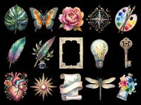 Watercolor clipart set with tropical leaf, butterfly, peony, compass, palette, feather, key, heart, dragonfly and more. Isolated, transparent background, ready for T-shirts and print on demand.