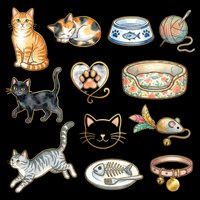 Cute watercolor cat clipart set with cats, toys, bed, bowl, collar, fish, and yarn, isolated on transparent background. Ready for stickers, t-shirt design, print on demand.