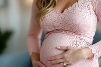 Pregnant woman in pink lace dress tenderly holding her baby bump, capturing intimate maternal moment with soft natural lighting and gentle composition.