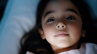 Young girl with dark hair lying down looking up with gentle expression in soft natural lighting for healthcare and wellness concepts.