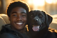 Young African American male teen smiling with black Labrador retriever dog during golden hour sunset, showing friendship and companionship between human and pet.