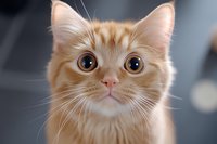 Close up portrait of ginger cat with big round eyes looking directly at camera. Soft focus creates dreamy mood while highlighting facial features and whiskers.