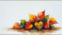 Watercolor autumn leaves arrangement with vibrant red, orange and yellow foliage scattered on ground for seasonal design projects.