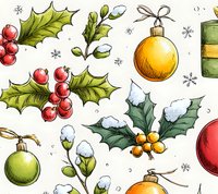 Festive Christmas elements with holly berries, mistletoe, and ornaments on white background with snowflakes.
